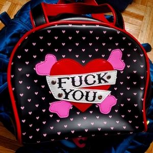 Addicted double strap rockabilly bowler bag Red heart pink cross bones F…